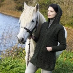 Aran Crafts Women's Long Hooded Celtic Knot Zip Front Irish Sweater -Outdoor women's clothing store 4025 Darkgreen