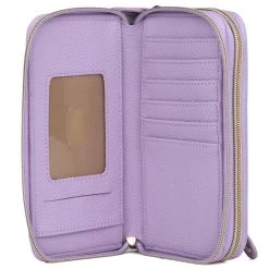 Buxton Women's Pebble Vegan Leather With RFID Goldtone Logo Plaque/Hardware Slim Double Zip Wallet -Outdoor women's clothing store Buxton 301W61 Lilac 3open