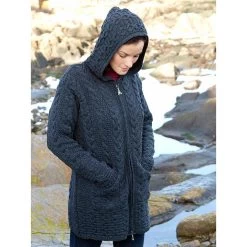 Aran Crafts Women's Long Hooded Celtic Knot Zip Front Irish Sweater -Outdoor women's clothing store HD4025