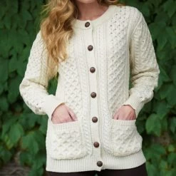 Aran Crafts Women's Curragh Traditional Irish Buttoned Knitted Lumber Cardigan Sweater